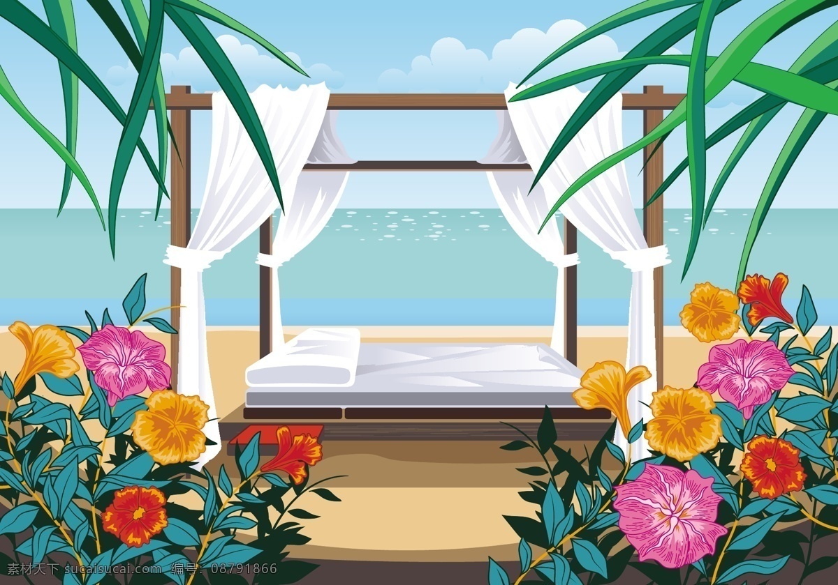 矢量 沙滩 度假 spa 间 插画 spa间 矢量插画 护理 按摩 手绘花卉 花卉花朵 矢量素材 海洋 大海 树叶