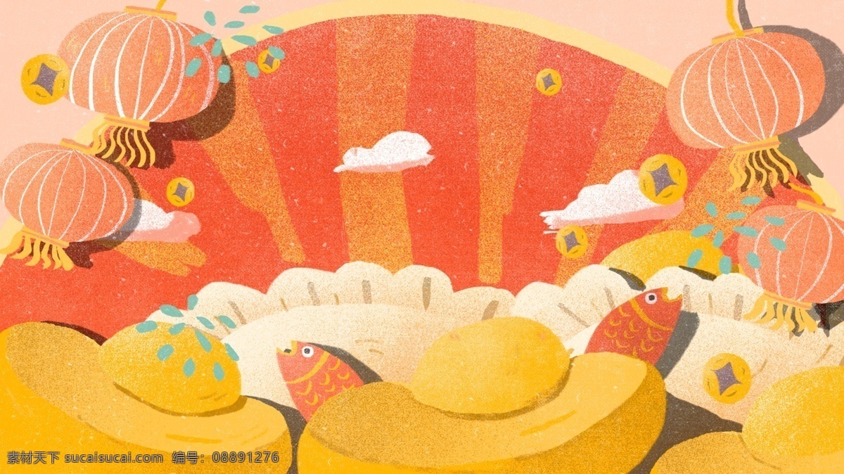 简约 手绘 2019 猪年 元旦 宣传 背景 灯笼 喜庆 红色 新年快乐 元宝 背景展板 猪年大吉 新春海报 新年大吉 新年展板
