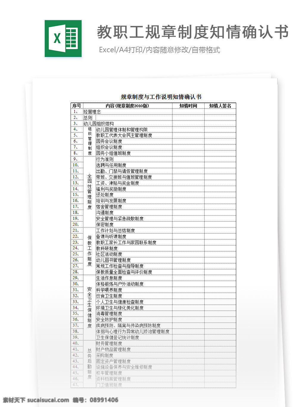教职工 规章制度 知情 确认书 excel 表格 表格模板 表格设计 图表 岗位说明书
