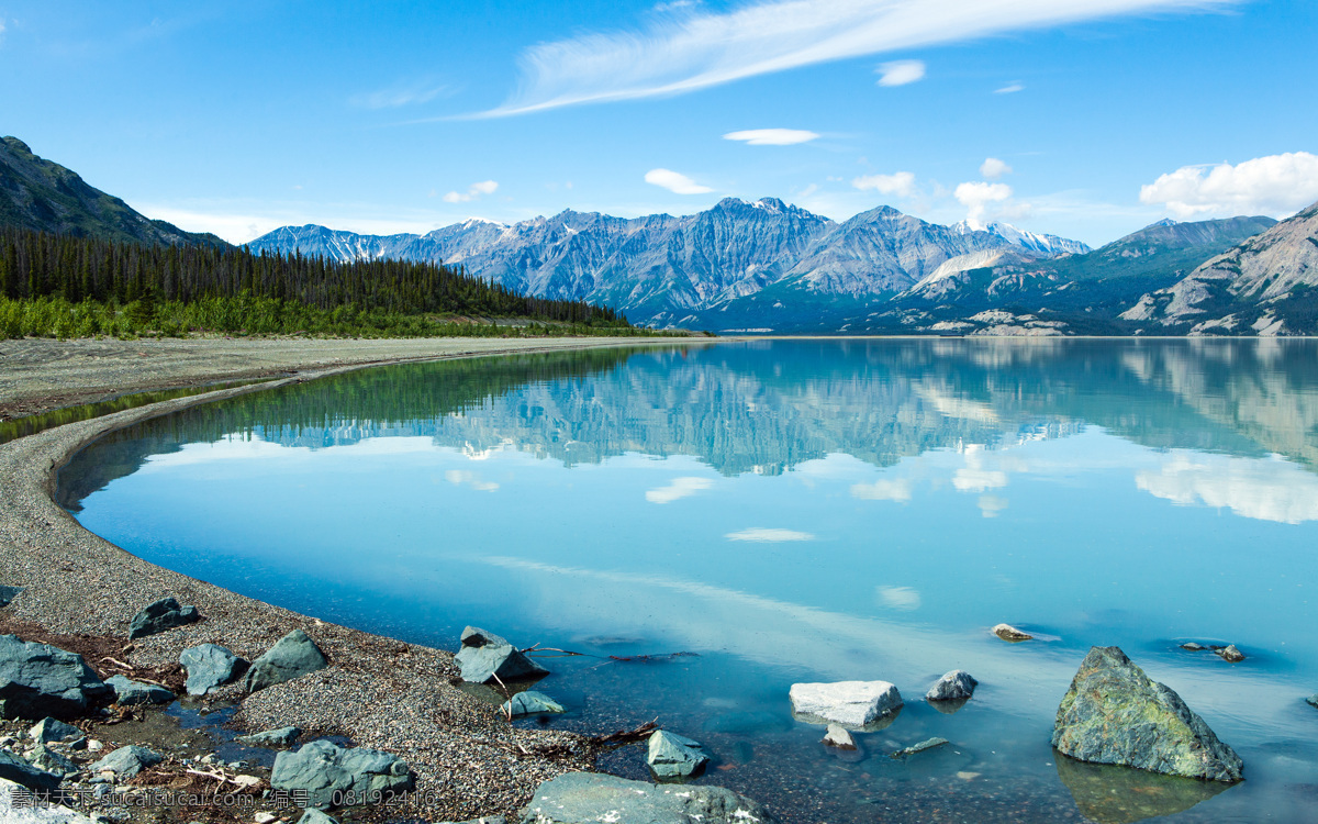 清澈的湖水 湖 湖泊 湖面 高山 白云 绿树 春天 石头 大山 摄影风景 自然景观 自然风景