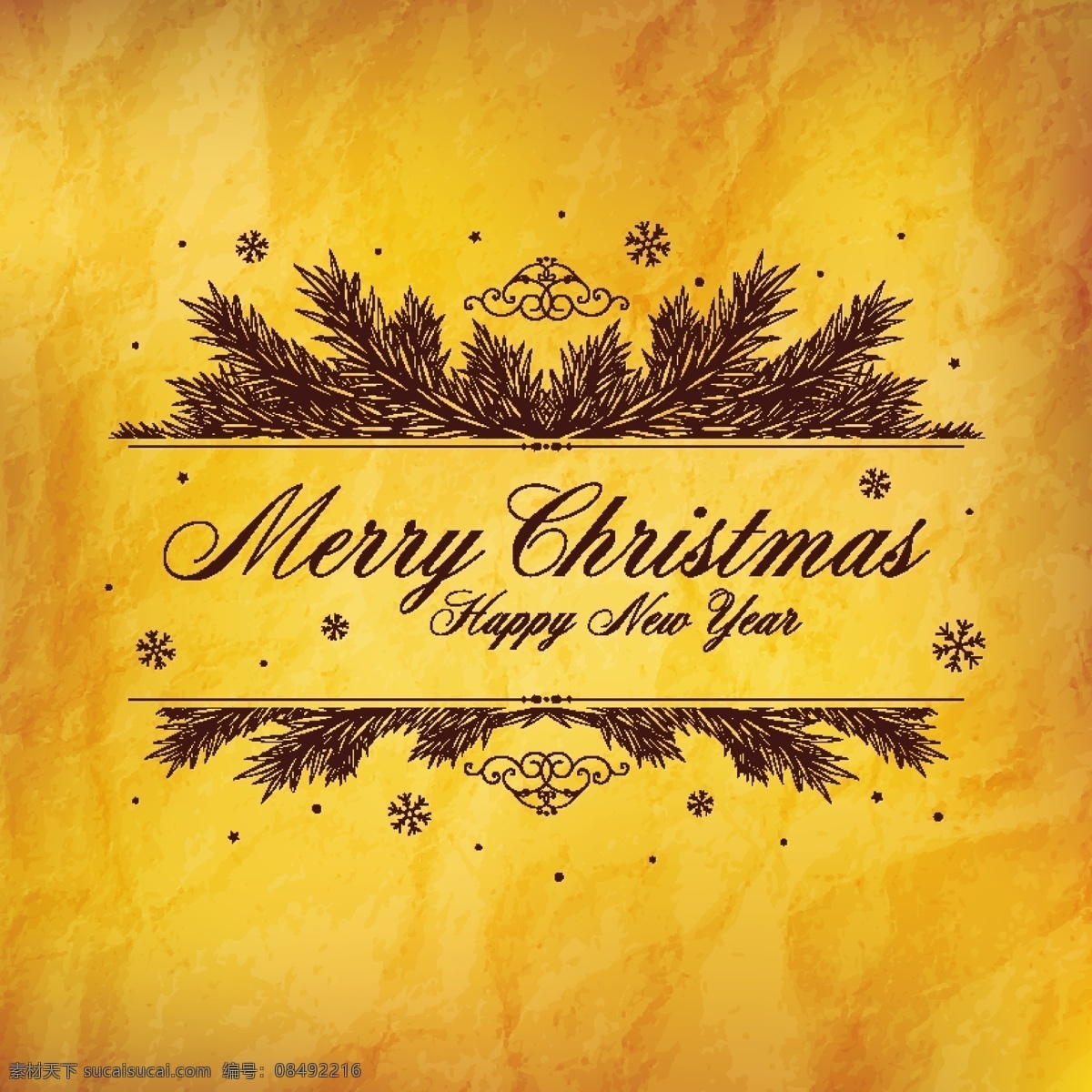 复古 黄色 纸张 圣诞贺卡 背景 圣诞节 手绘 松枝 雪花 节日素材