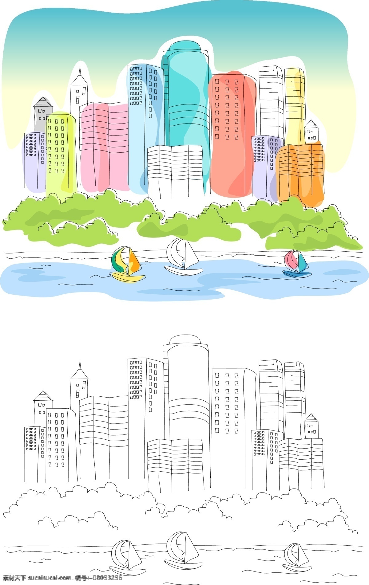 手绘 风格 大楼 彩绘 城市 水墨画 矢量图 建筑家居