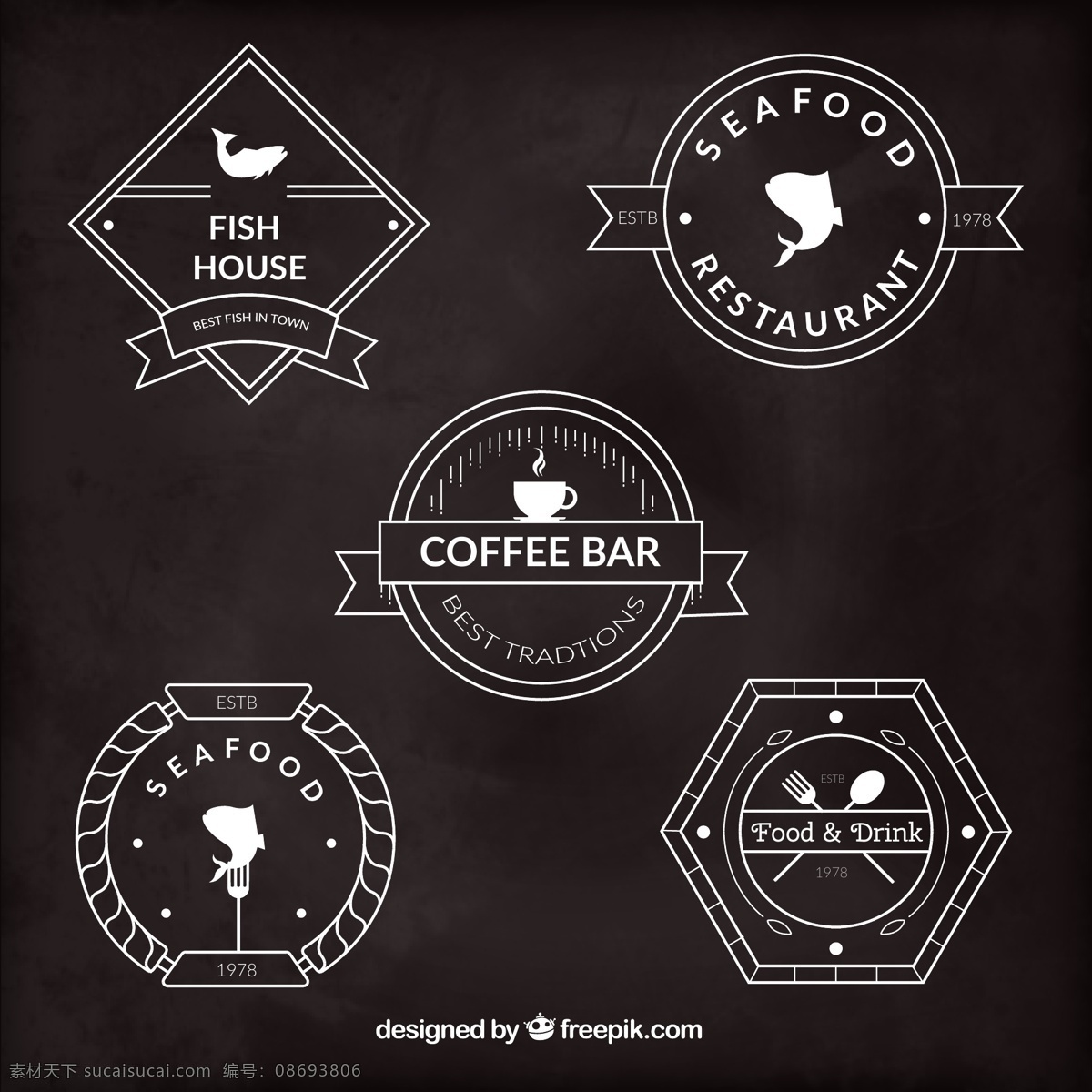款 创意 餐饮 标签 矢量 海鲜 食品 餐厅 咖啡馆 丝带 标志 食物 鱼 矢量图 黑色
