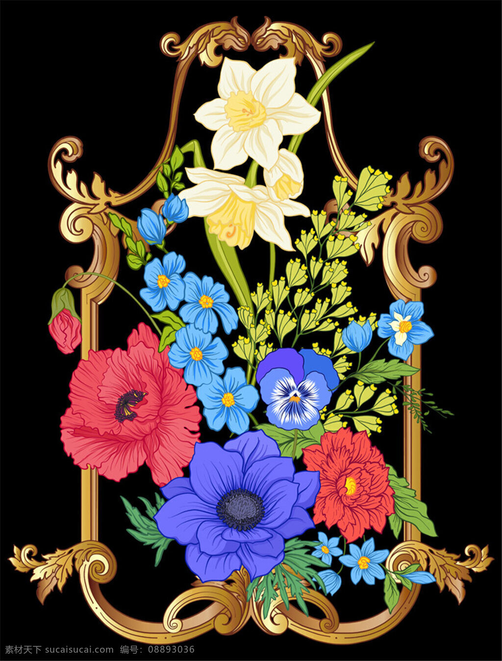矢量 鲜花 边框 彩色花朵 花朵 花朵边框 花朵设计 花纹 金属边框 精美边框 生活百科 矢量素材