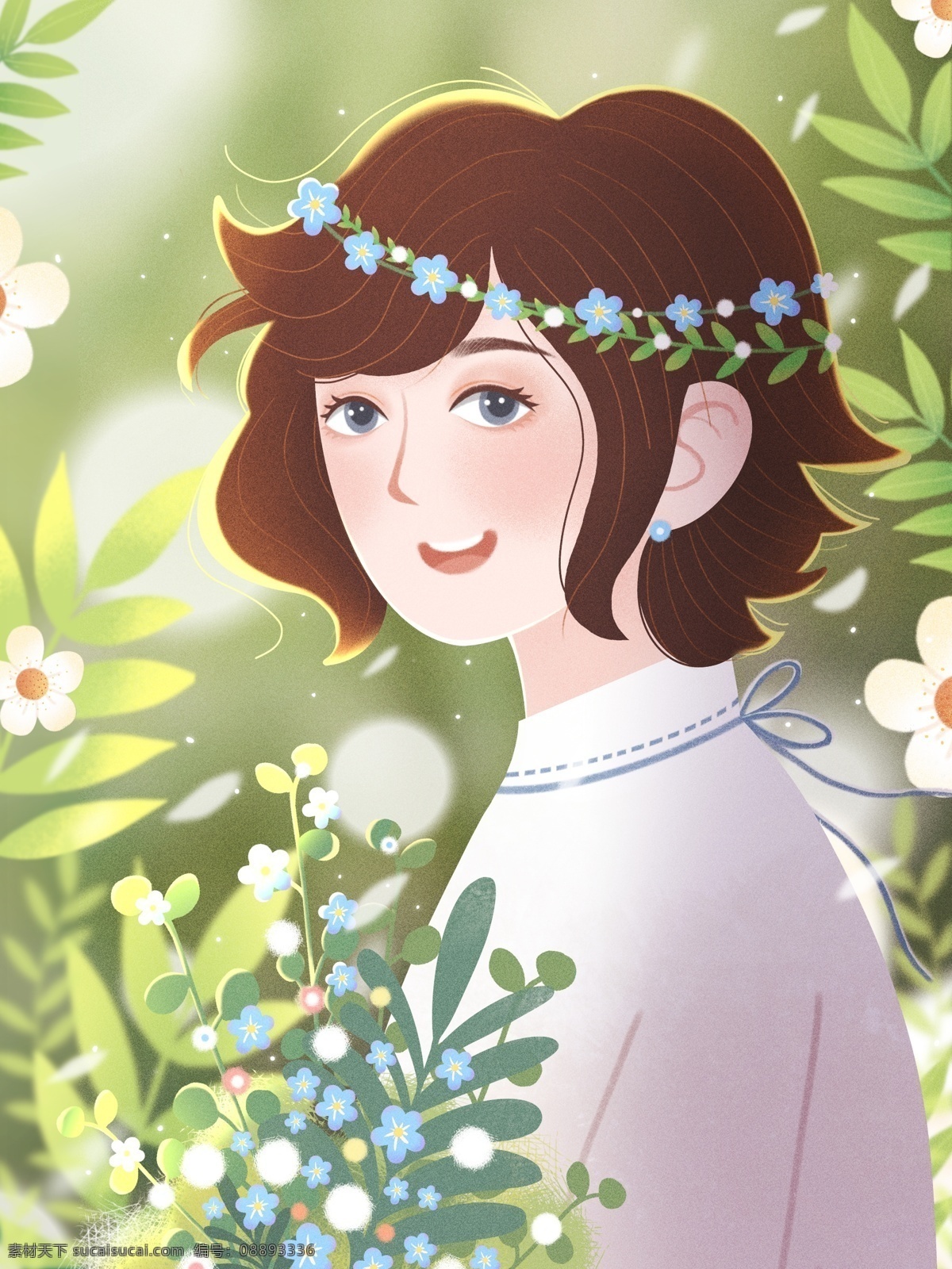 原创 小 清新 唯美 插画 抱 花束 少女 植物 人物 花 女孩 手机用图 手机配图 背景 壁纸 商业插画