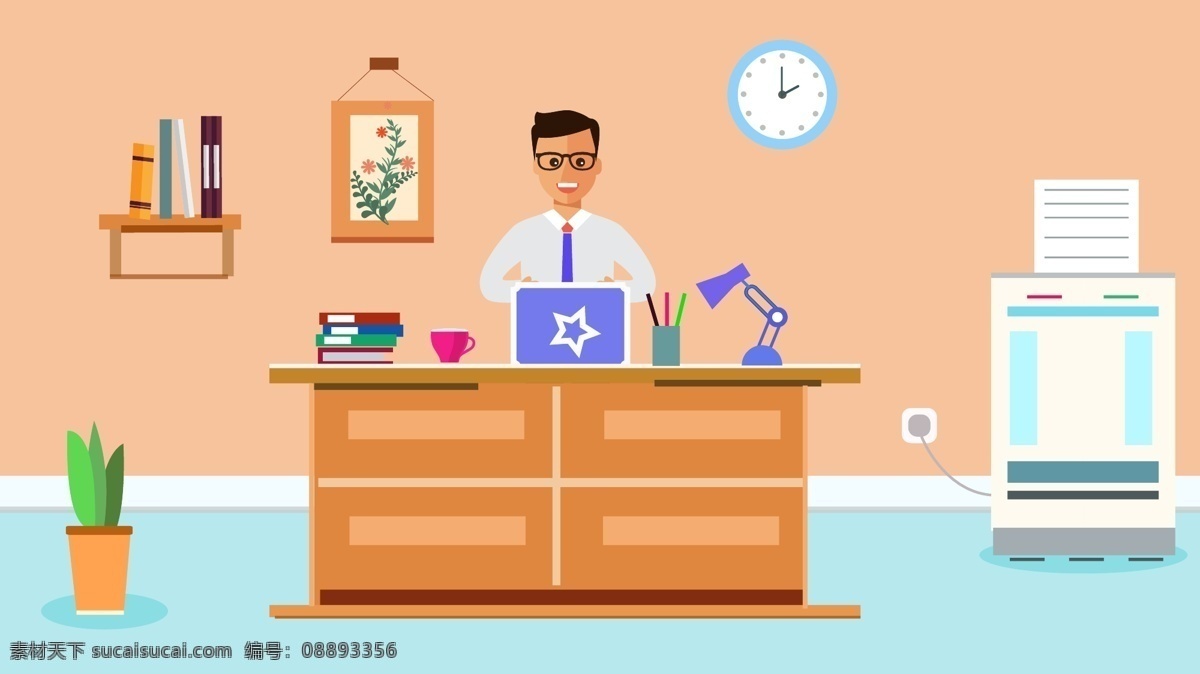 原创 办公 工作 中 人 场景 矢量 扁平 风格 插画 盆栽 台灯 人物 工作中的人 办公桌 复印机 文件夹 扁平风格 矢量插画