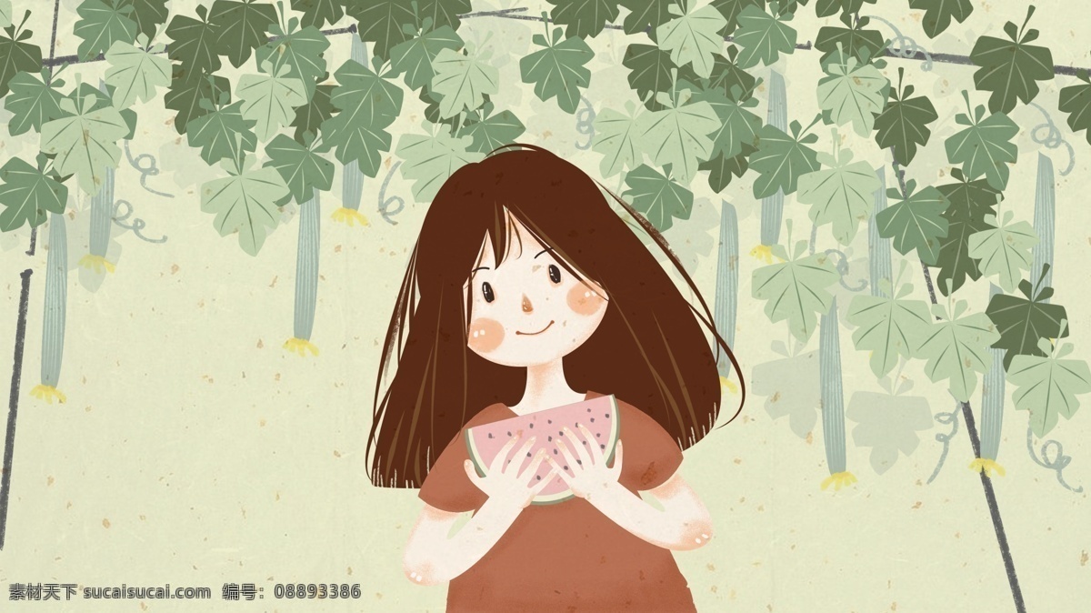 小 清新 月 你好 丝瓜 藤蔓 女孩 插画 小清新 8月你好 丝瓜藤蔓