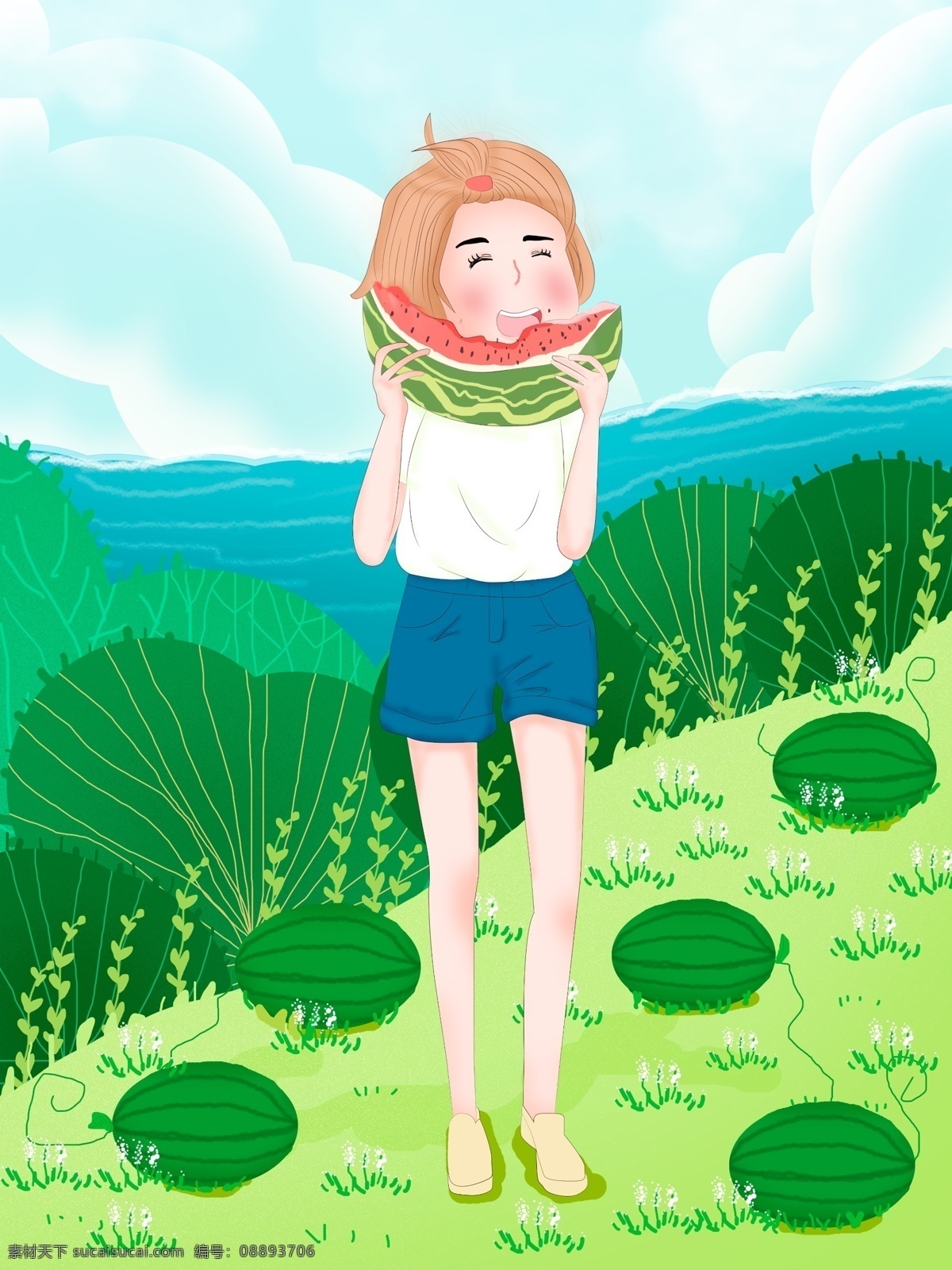 立夏 吃 西瓜 女孩 扁平 风 插画 夏天 热 暑 吃西瓜 海 树木 绿地 植物 蓝天 白云 晴空