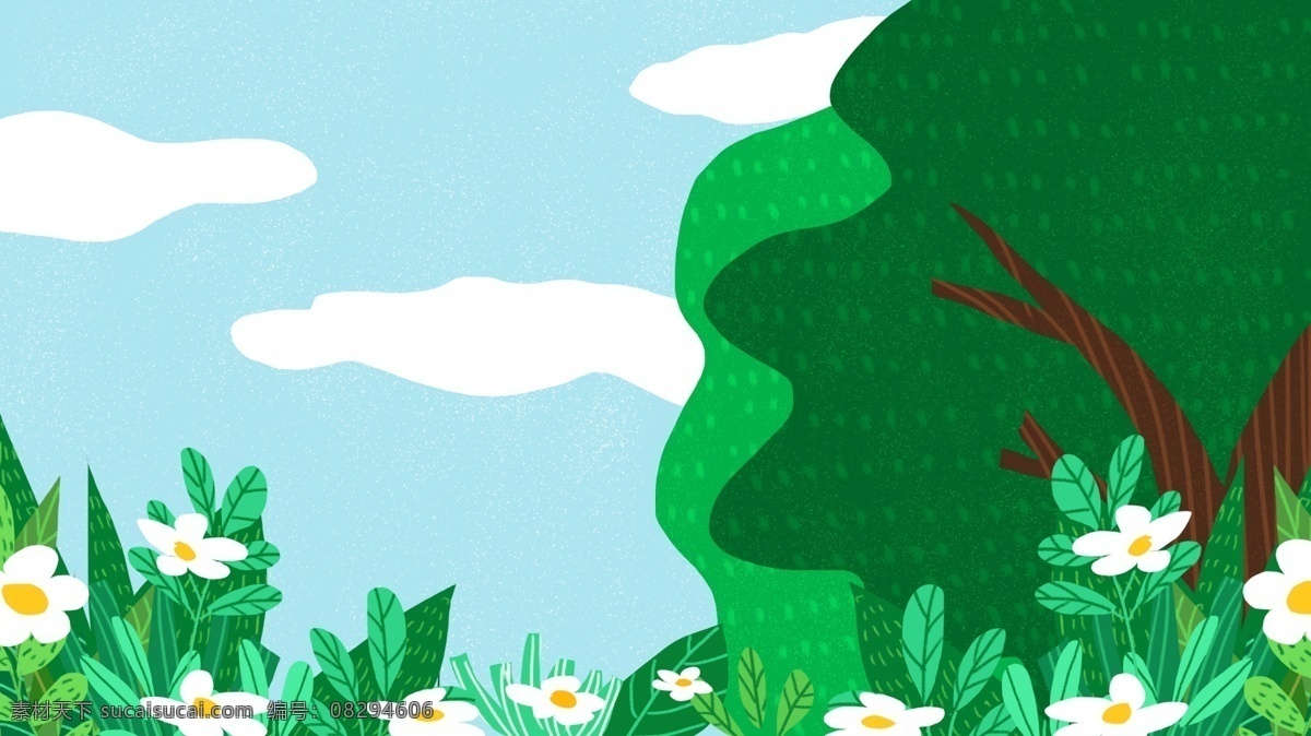 扁平化 可爱 蓝天 树木 背景 植物 背景素材 卡通背景 小花 云朵 插画背景 广告背景 psd背景 手绘背景