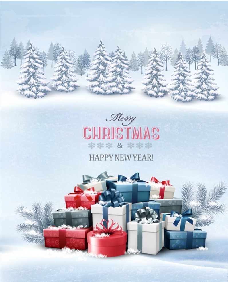 圣诞节 贺卡 树木 冬季 积雪 礼盒 松枝 礼物 矢量 高清图片