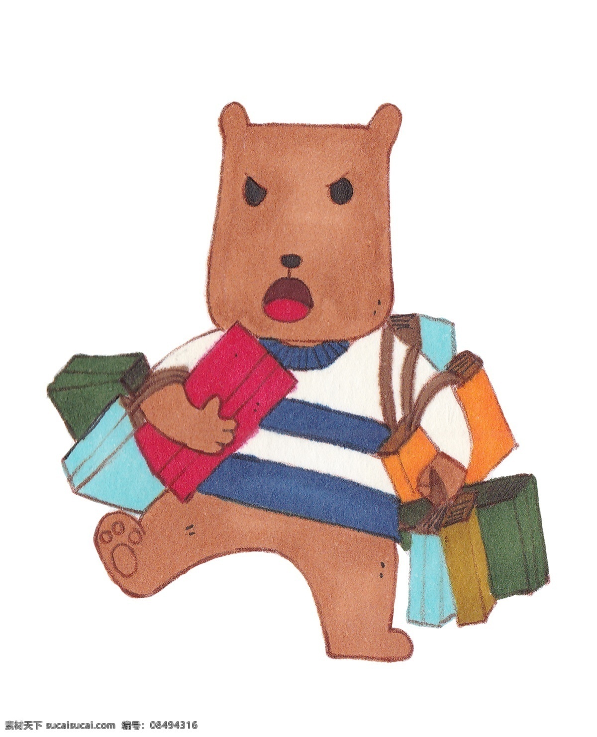卡通 水彩 手绘 插画 棕色的小熊 条纹毛衣 水彩卡通 开心 快乐 动物 购物 买买买 购物袋 可爱