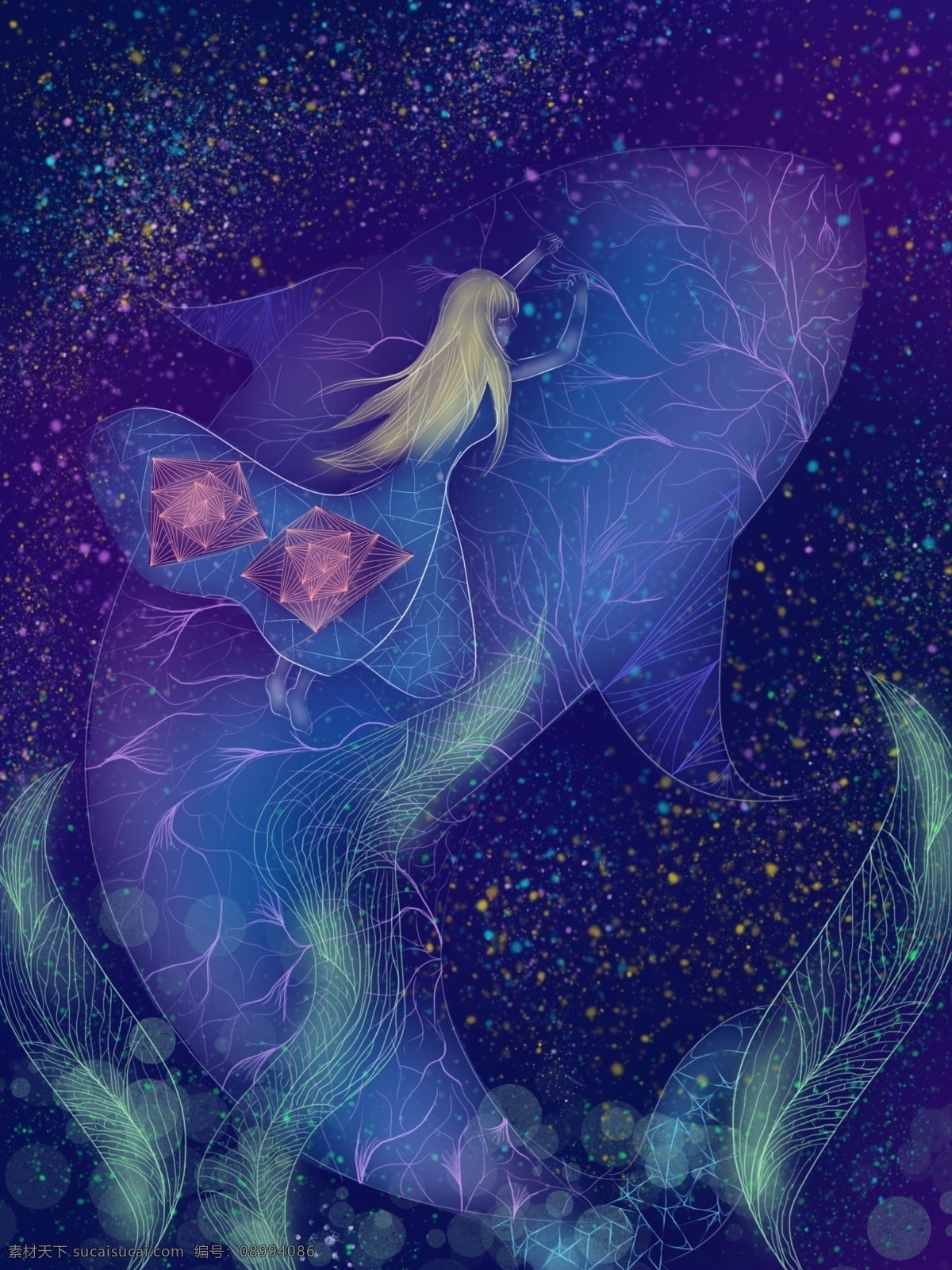 海洋 鲸鱼 女孩 独特 透明感 治愈 插画 渐变 线条