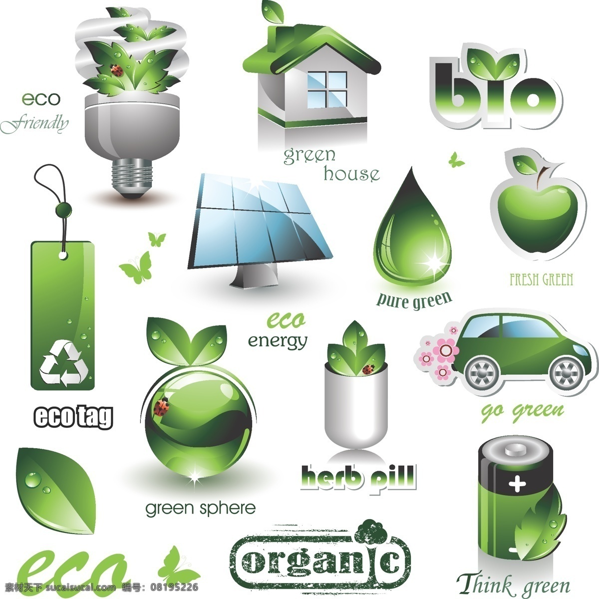 节能 减排 环保 生态 主题 矢量 bio eco 标签 灯泡 吊牌 房屋 房子 胶囊 节能灯 绿叶 矢量素材 矢量图 设计素材 设计元素 太阳能面板 叶子 水滴 水珠 苹果 日常生活