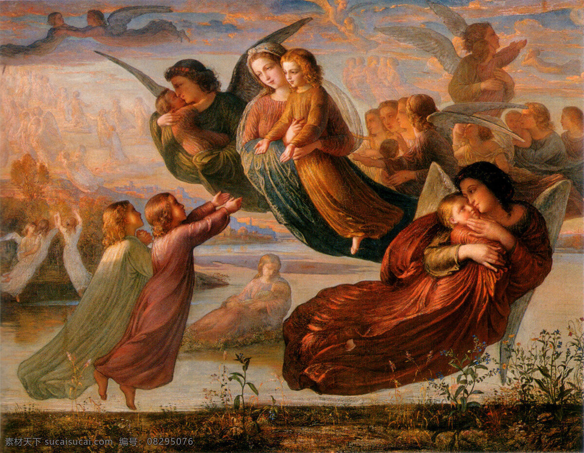 西方油画 油画 西方 妇女和小孩 飞翔 飞天 文化艺术 绘画书法