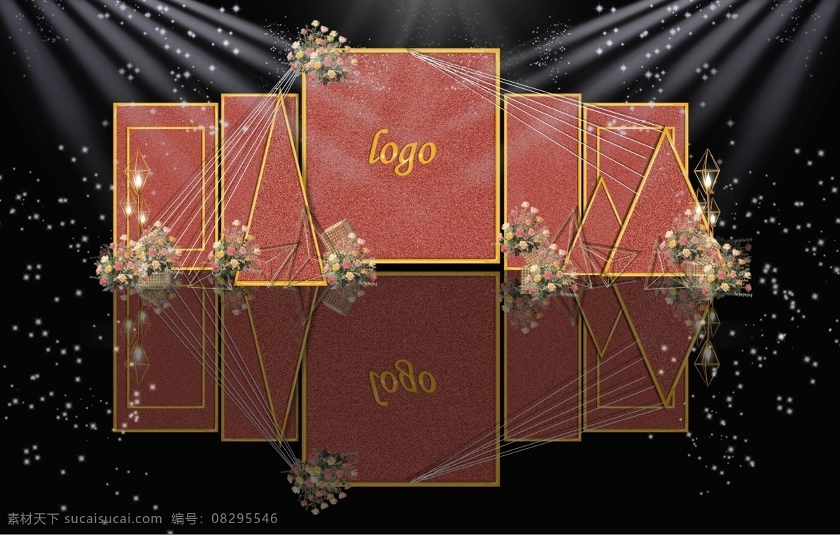 红色 质感 创意 几何 婚礼 迎宾 区 效果图 铁艺网格素材 红金婚礼 创意几何结构 金色 三角 锥 铁艺 框 黄粉白色花艺