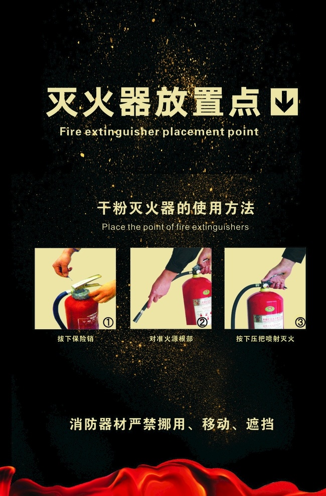 灭火器 使用方法 放置点 黑色背景 红丝带