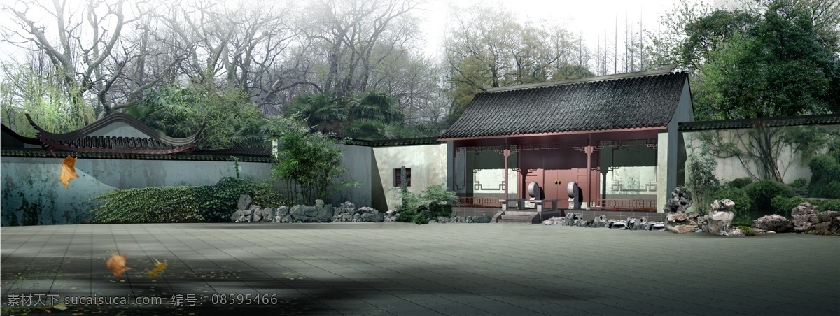 园林建筑景观 落叶 石头 假山 围墙 树木 草地 房屋 建筑物 白色天空 环境设计 景观设计