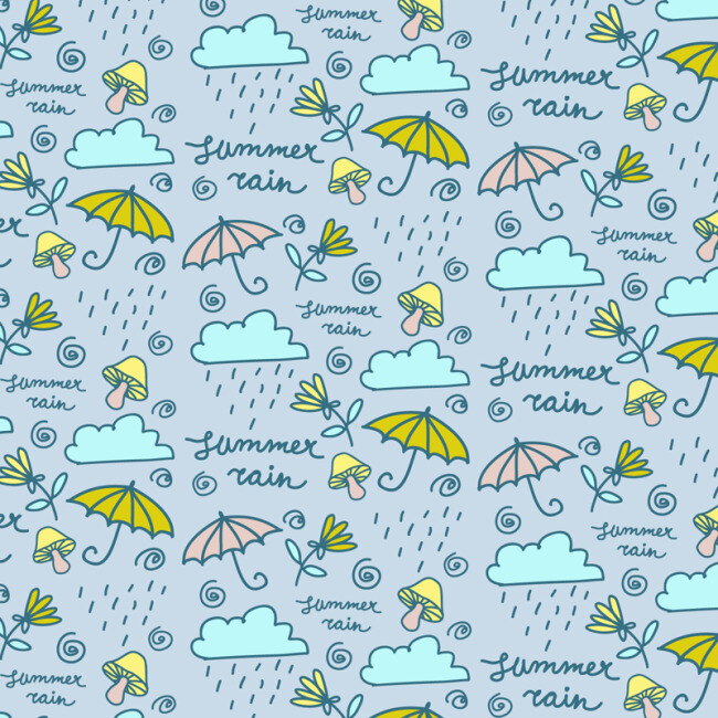 彩绘 雨云 雨伞 无缝 背景 矢量 花朵 云朵 雨季 夏季 蘑菇 无缝背景 手绘 底纹