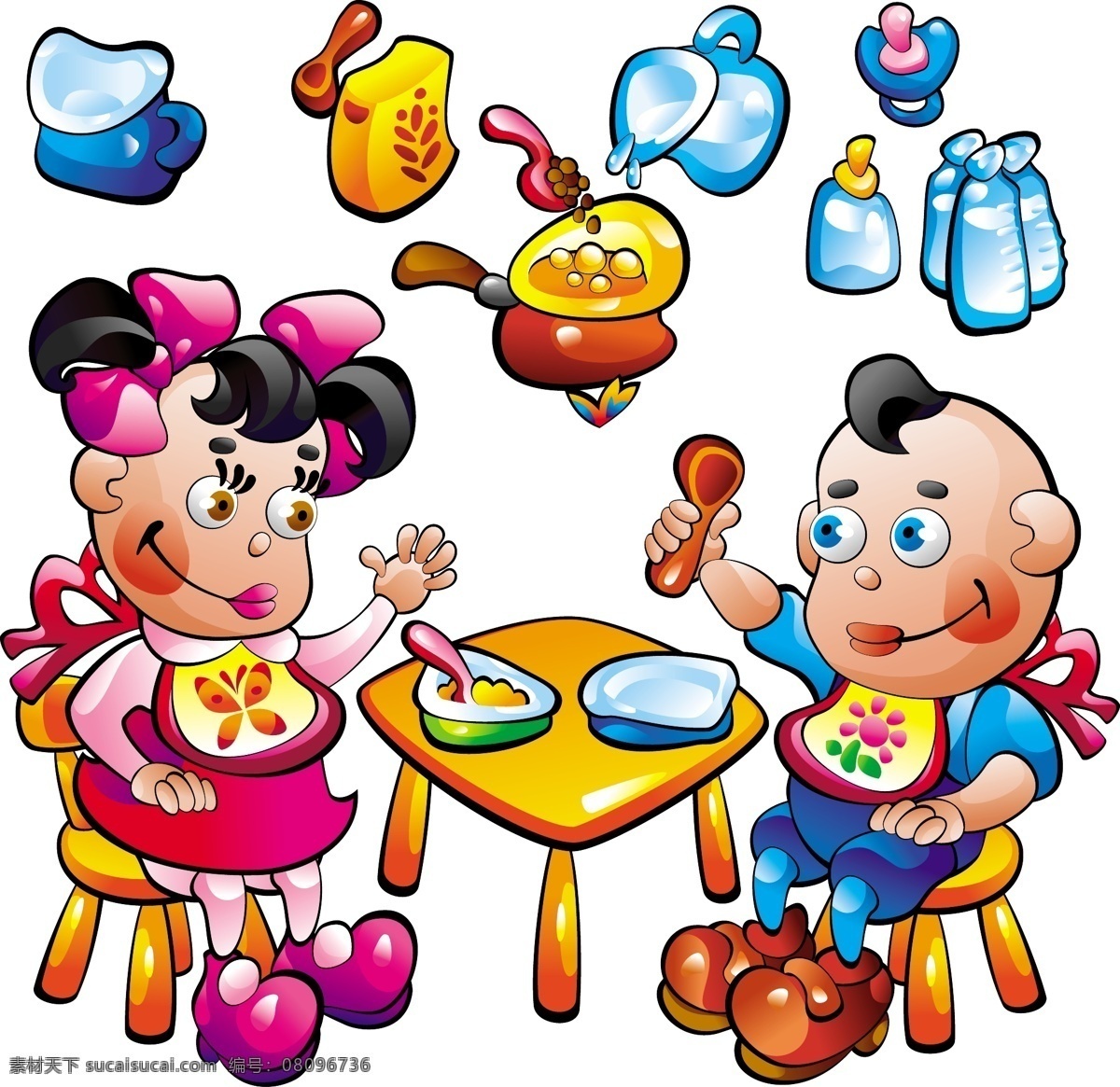 卡通 人物 矢量 素材图片 餐具 插画 儿童 奶瓶 其他矢量 少儿 小男孩 小女孩 食物 糖果 矢量素材 插画集