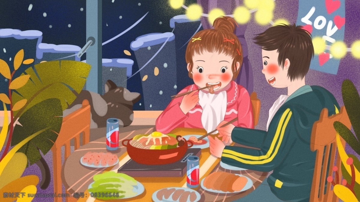 情侣 冬季 日常 天 冷 在家 吃 寿 喜 锅 原创 插画 饮料 灯 植物 扁平 情侣冬季日常 天冷 积雪 吃火锅 寿喜锅 筷子 圆桌 噪点