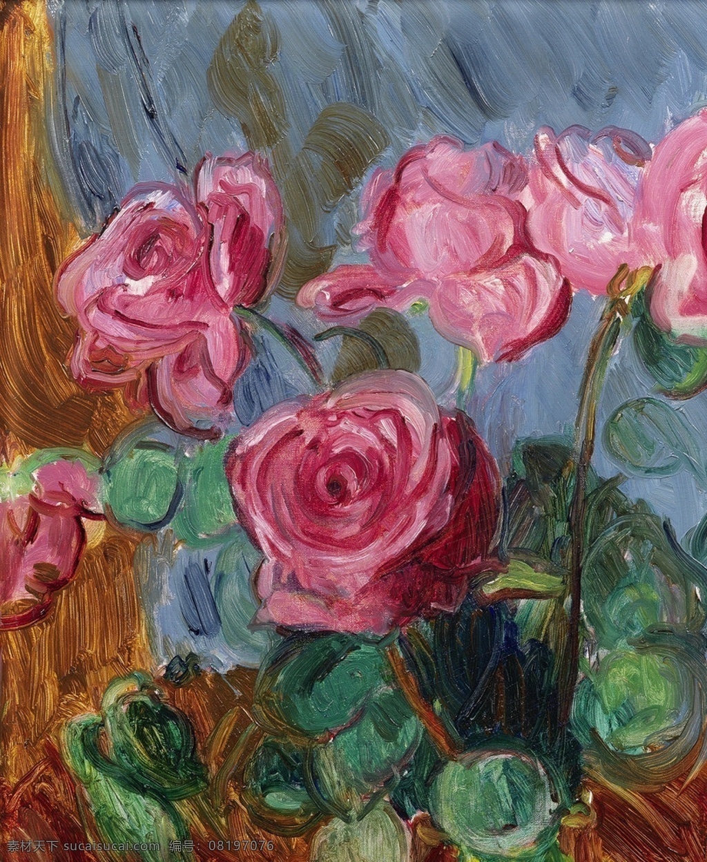 玫瑰花 印象画派 成型的玫瑰 四朵 花盆 20世纪油画 油画 绘画书法 文化艺术