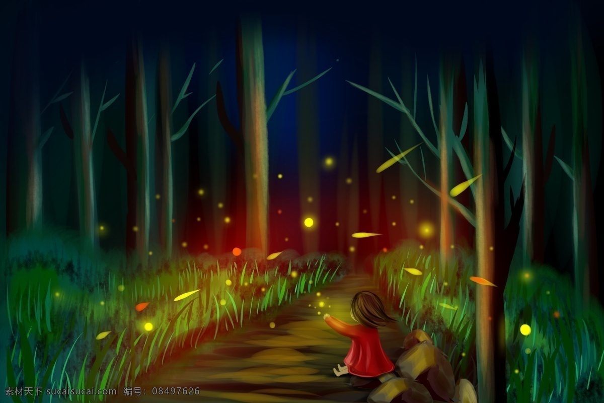 梦幻 森林 萤火虫 黑夜森林 小女孩 黑夜 情感表达