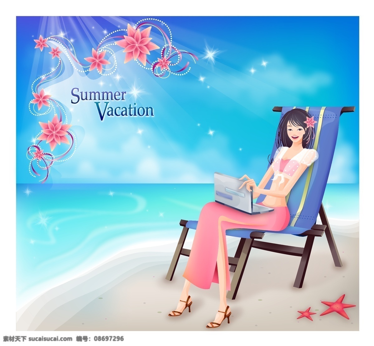 商务 美女 笔记本电脑 海边 浪漫 自然 曼妙 自由自在 自得 矢量图 矢量人物