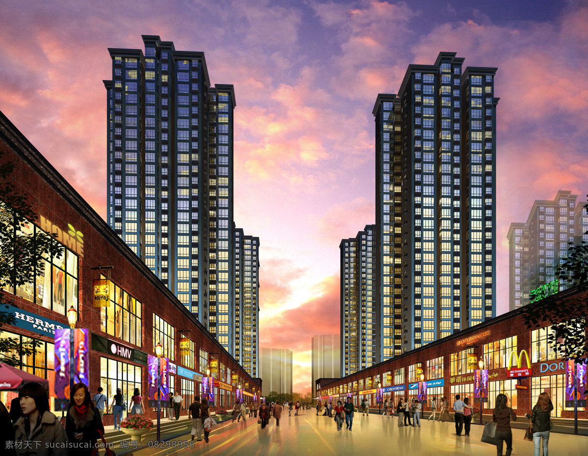 商业街景 透视图 半夜景 人视图 建筑设计 景观设计 环境设计 高层住宅 商业效果图 商业 内 街 效果图 黄昏 火烧云