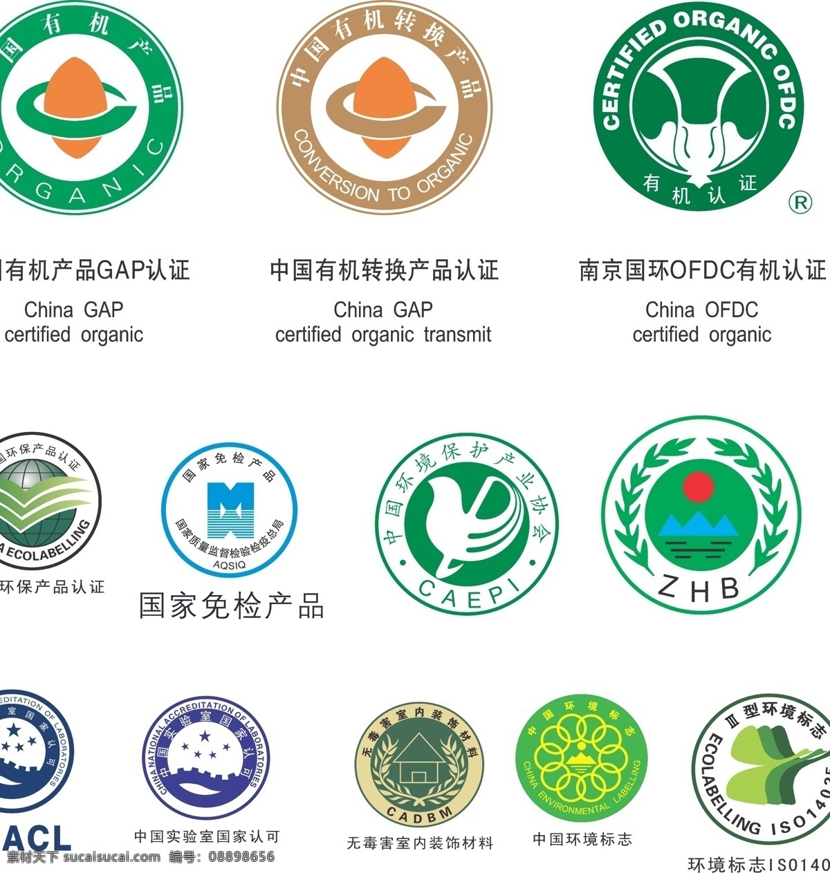认证标志大全 标志 无公害 农产品 中国 绿色 建材 有机食品 国家免检产品 中国环境标志 保健食品 国家 环保 产品认证 企业 logo 标识标志图标 矢量