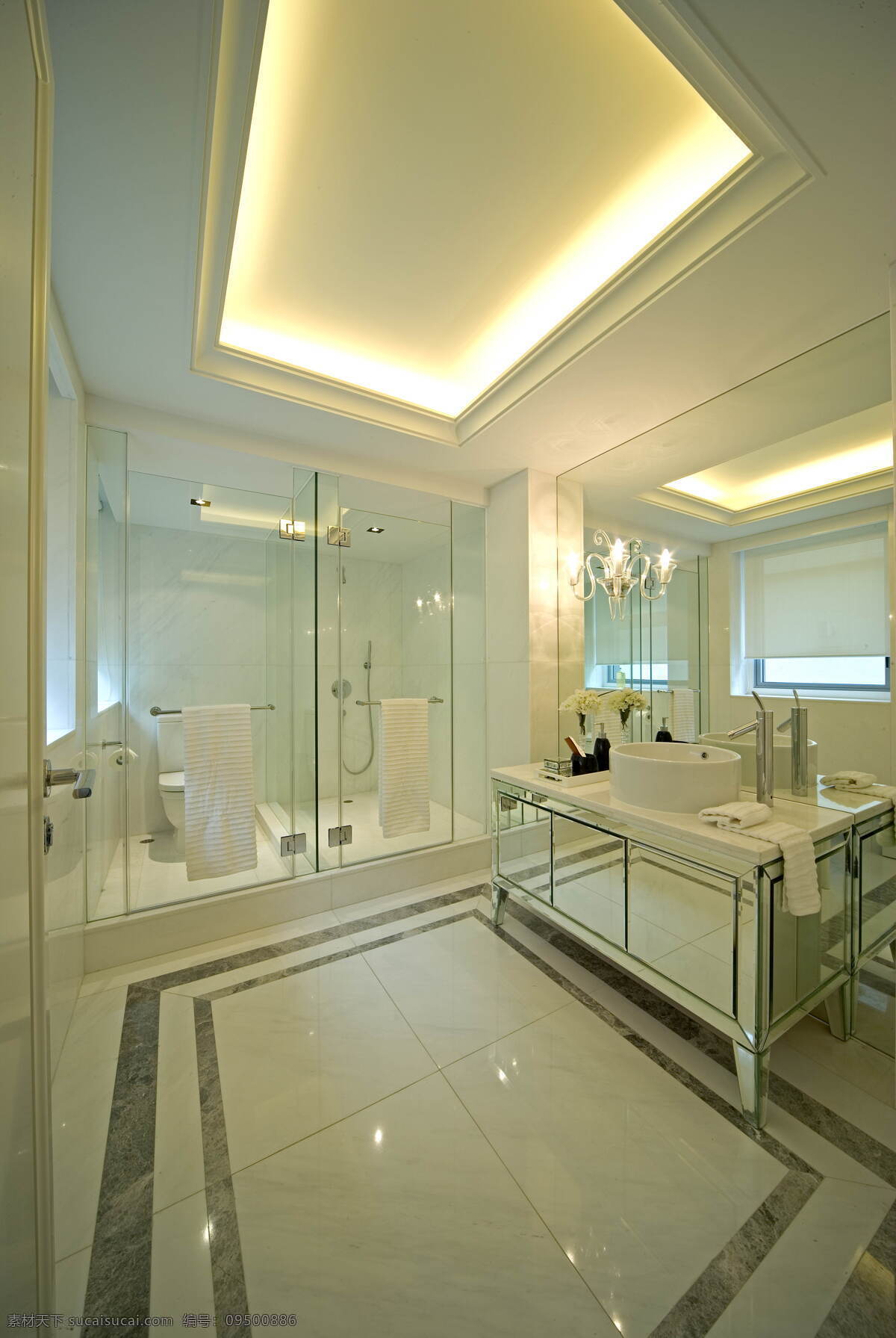 室内 浴室 现代 豪华 装修 效果图 陶瓷地板 透明 玻璃 门 白色 陶瓷 洗手台 黄色灯光 方形吊顶