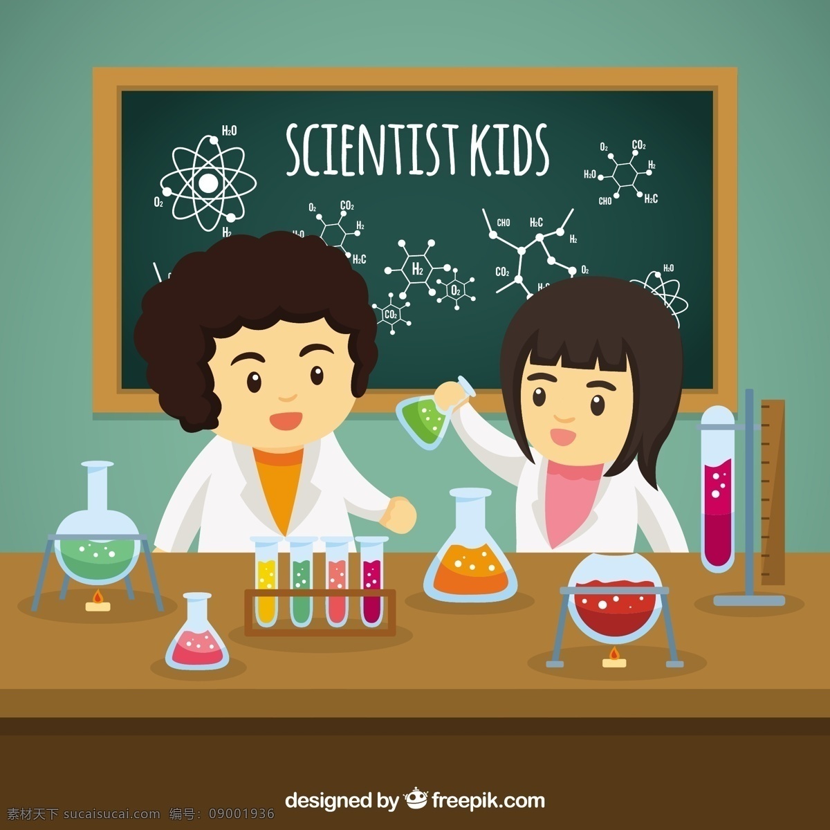 科学家 实验室 里 实验 孩子 儿童 卡通 科学 化学 原子 测试 分子 试管 化学家 青色 天蓝色