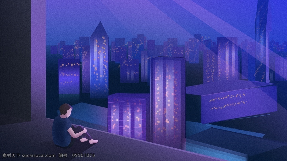 原创 插画 唯美 午夜 城 城市夜景 建筑 光效 灯光 孤独 治愈