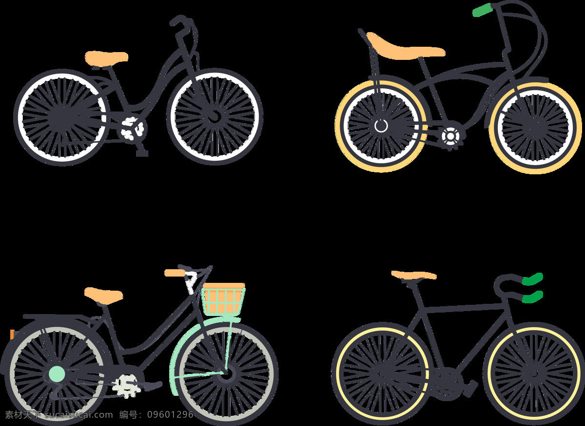 四 种 自行车 插画 免 抠 透明 图 层 共享单车 女式单车 男式单车 电动车 绿色低碳 绿色环保 环保电动车 健身单车 摩拜 ofo单车 小蓝单车 双人单车 多人单车