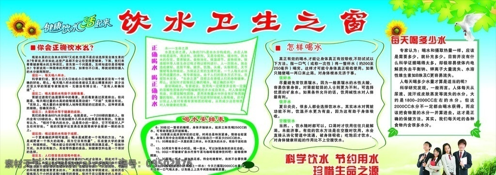 饮水卫生之窗 健康饮水 学校宣传栏 正确饮水 科学饮水 节约用水 卡通宣传栏 卡通树叶 菊花 卡通草地 鸽子 中学生 宣传栏