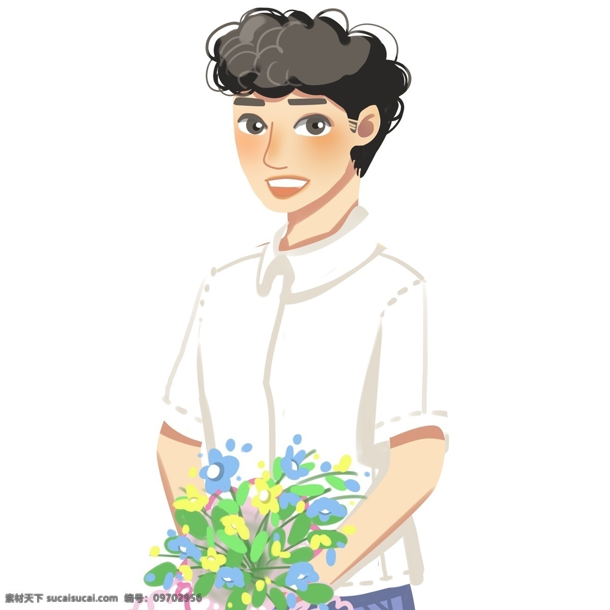 卡通 小 清新 束 花 男人 人物 鲜花 520表白节 插画 少年 卡通手绘