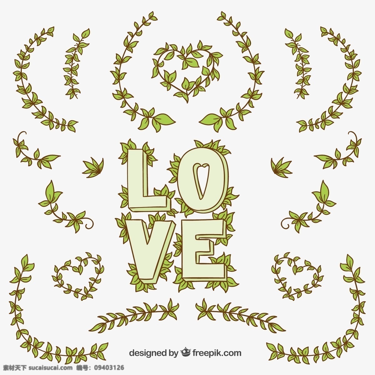 手绘 树枝 装饰 爱 艺术 字 矢量图 植物 艺术字 love 情人节