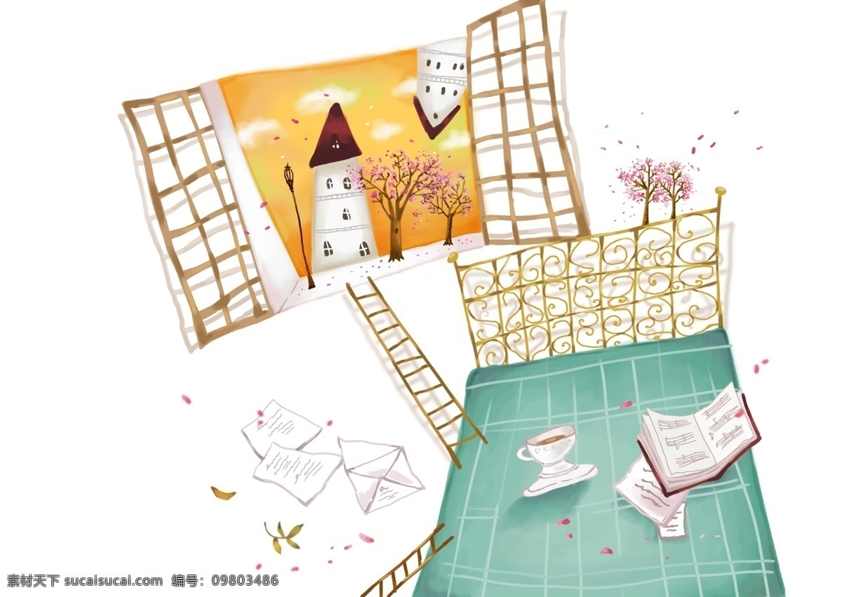 窗外 秋天 风景 水彩 卡通 免费 插画 水彩卡通 免费插画素材 psd源文件