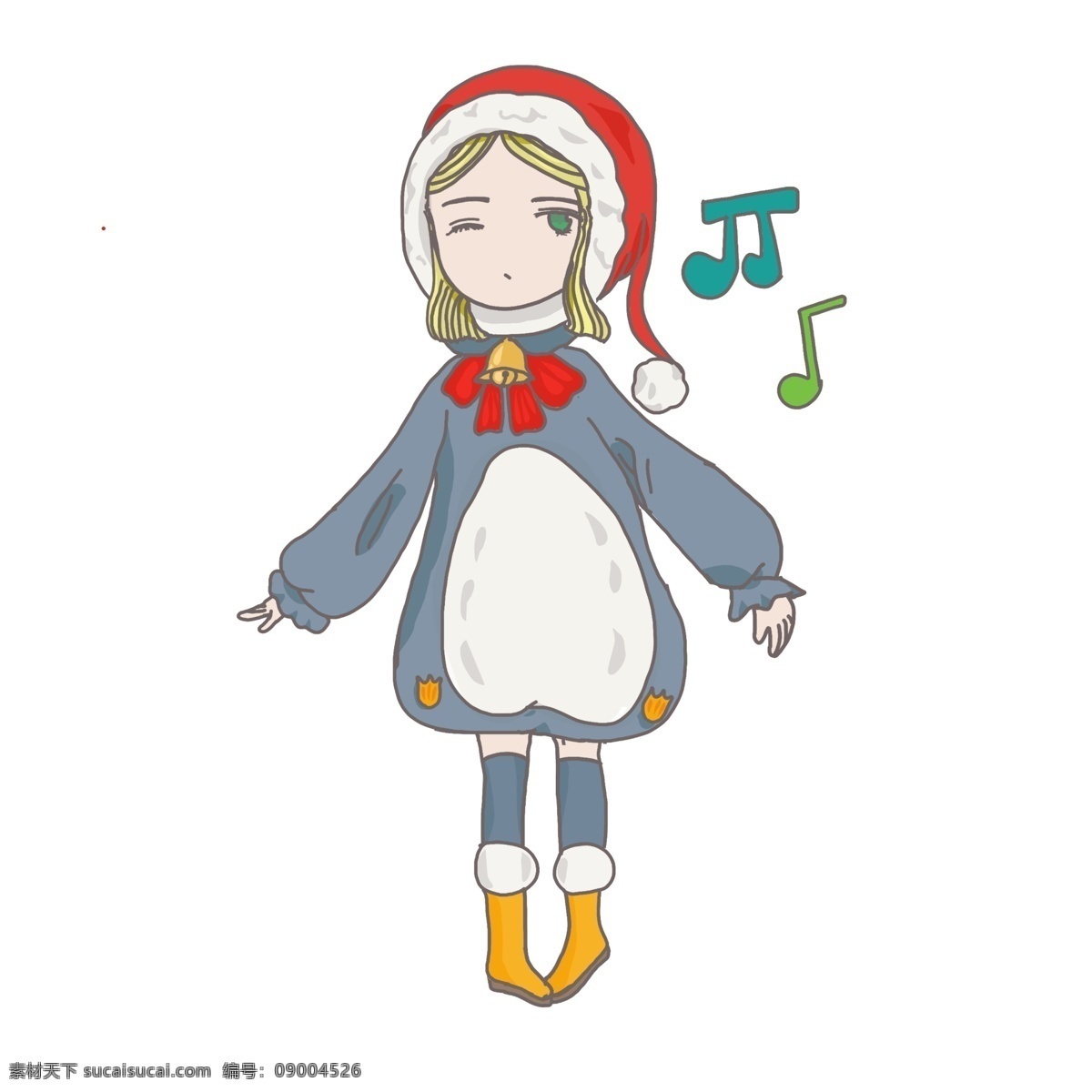 圣诞节 卡通 手绘 穿 企鹅 服 女孩 圣诞夜 礼物 圣诞礼物 圣诞帽子 圣诞快乐 圣诞树 糖果 彩带