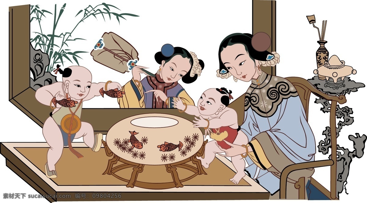 国画 线描 母子 中国画 母亲与孩子 矢量图