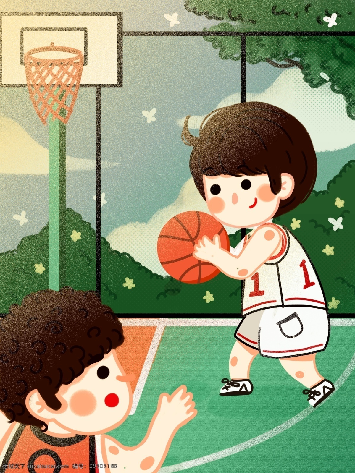 国际 篮球 日 篮球场 友人 朋友 可爱 卡通 扁平 树叶 打篮球 树 友谊赛 国际篮球日 操场 比赛 一对一