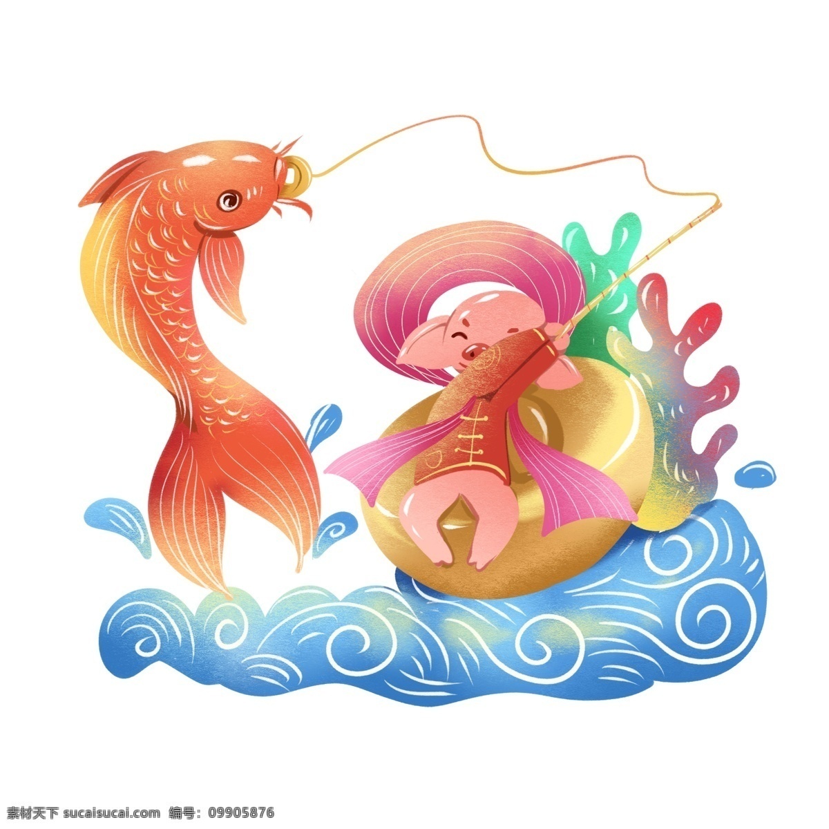 2019 春节 猪年 插画 年年 鱼 元素 商用 喜庆 新年 生肖 猪 年年有鱼 钓鱼
