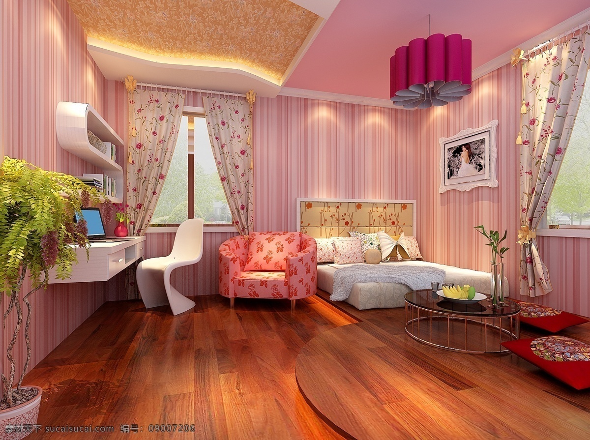 公主房模型 3d模型 粉色 室内设计 卧室模型 温馨风格 max 红色