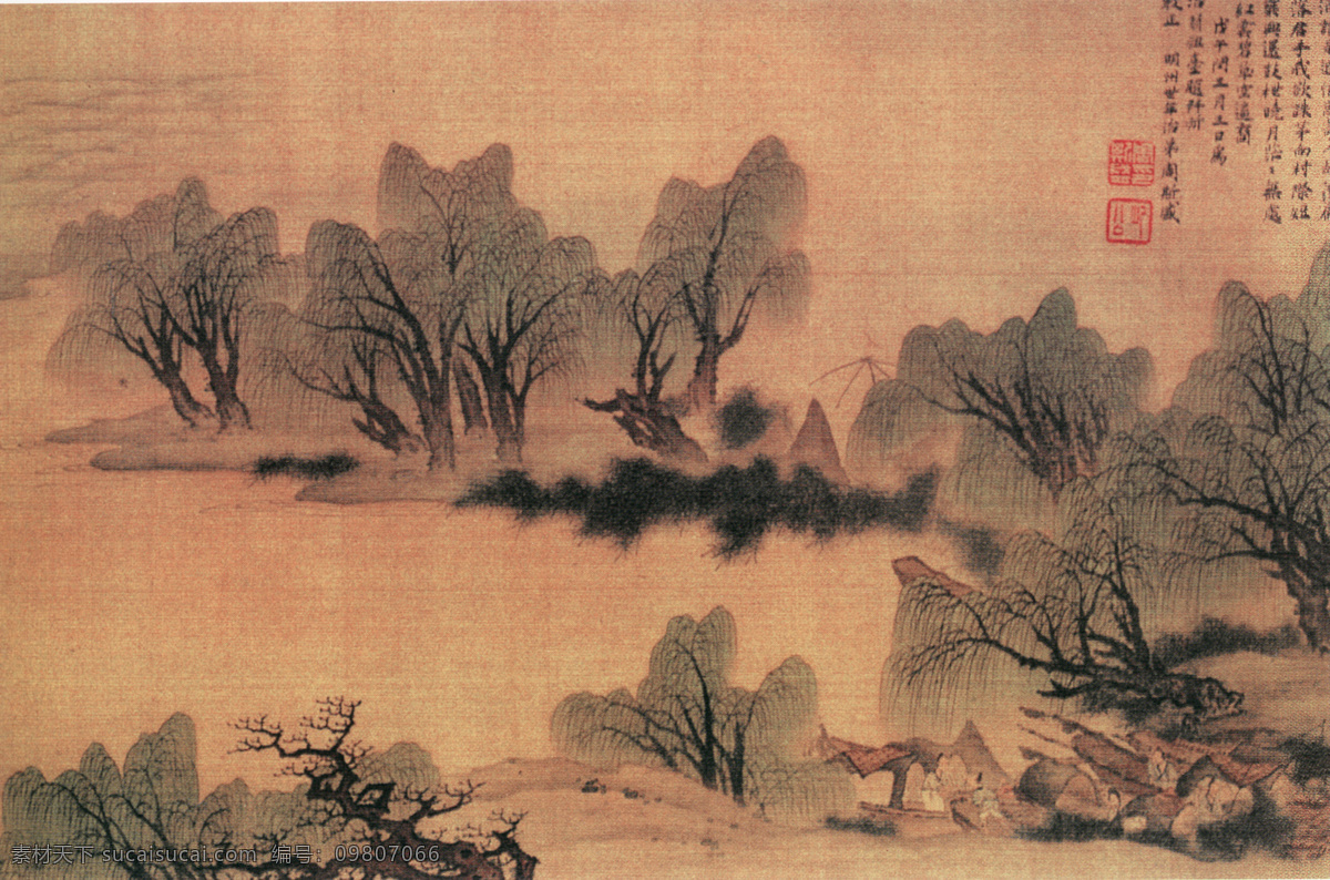 山水 名画 书画 柳 溪 渔 乐 图 四 长卷 古画 山水画 书画真迹 中国水墨画 柳溪渔乐图 名家樊圻 绢本 设色 文化艺术
