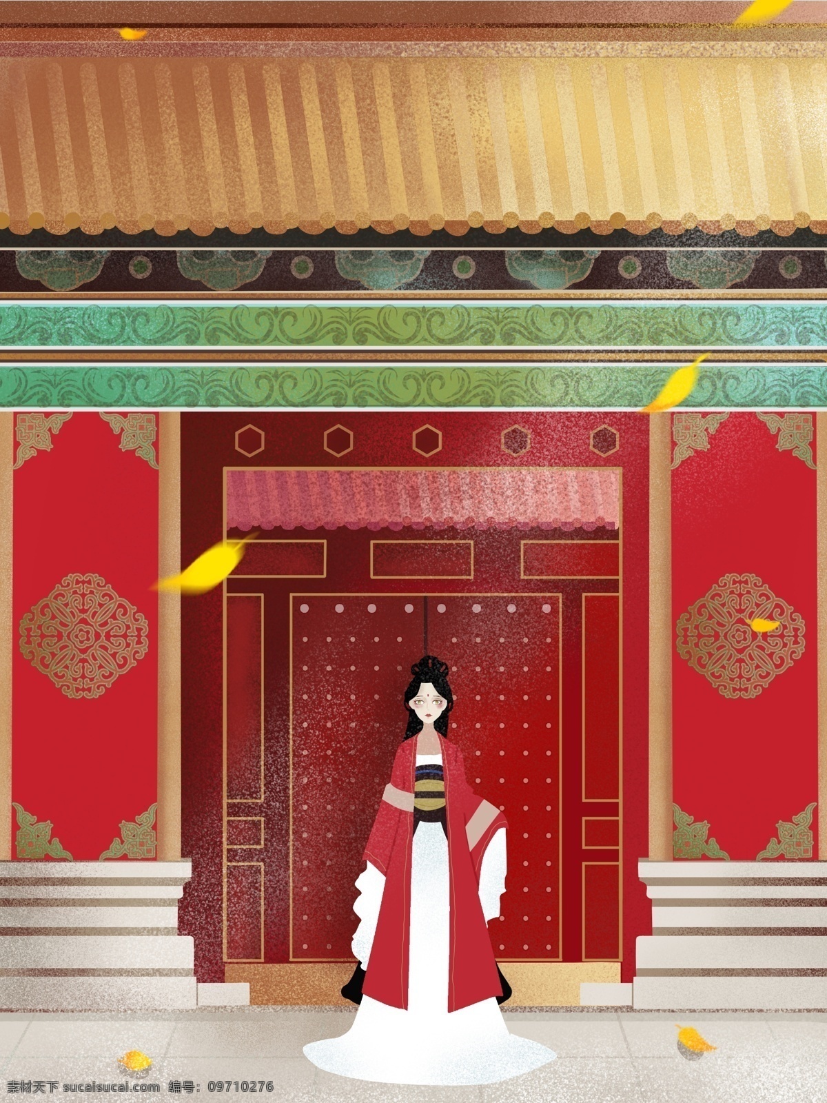 故宫 宫殿 门口 古代 红衣 女子 古装 落叶 小雪