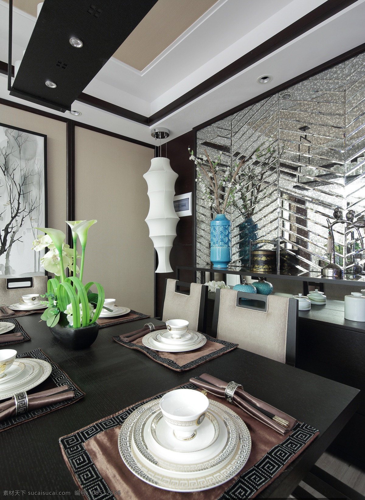 室内 餐厅 中西 融合 装修 效果图 精美 中式水墨画 欧式餐具 清新园艺 黄色餐桌 白色瓷器