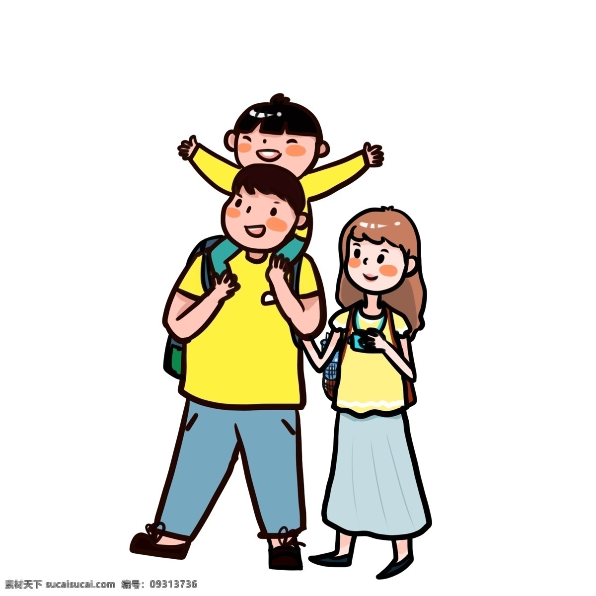 全家 六一儿童节 爸爸 背 孩子 全家人 一家人 儿童节 卡通人物 爸爸妈妈小孩 卡通男孩 全家出行 游玩 旅行