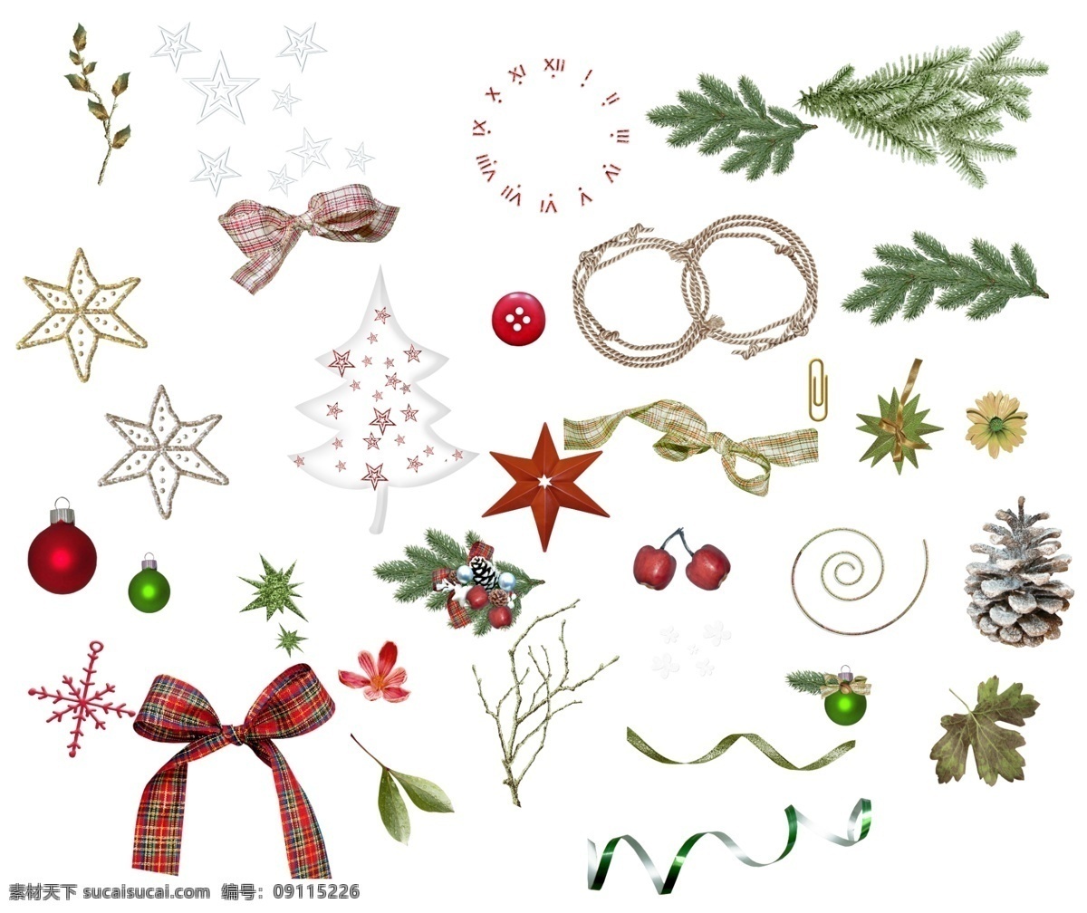 圣诞素材 圣诞 松树 蝴蝶结 圣诞球 丝带 星星 花环 圣诞树 物件 树枝 分层 源文件