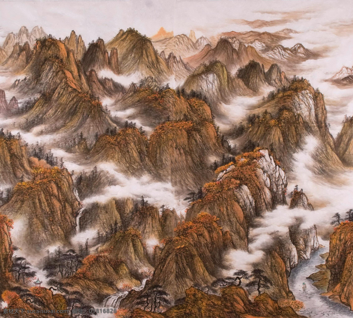 山水国画 国画 中国画 山水画 国画山水 写意画 彩墨山水画 书法 大师作品 风景画 写意 写意国画 国画写意 墨迹 水墨画 绘画 树木 植物 山峰 山 云雾 奇峰 溪水 小河 河水 绘画书法 文化艺术