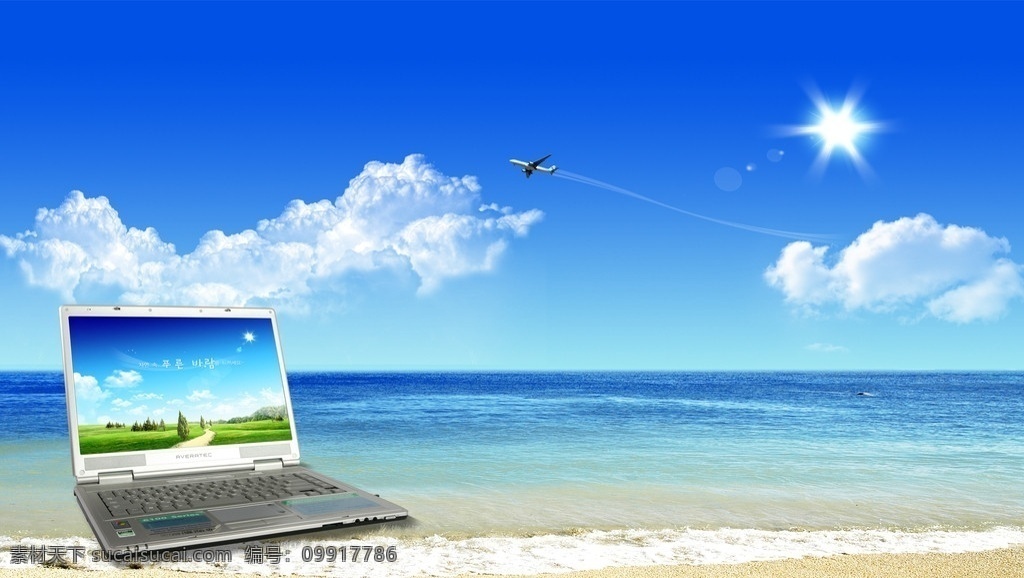 蓝天海洋 白云 城市 草地 森林 乡村风景 户外景色 大海 海洋 电脑 飞机 沙滩 户外广告 广告设计模板 源文件