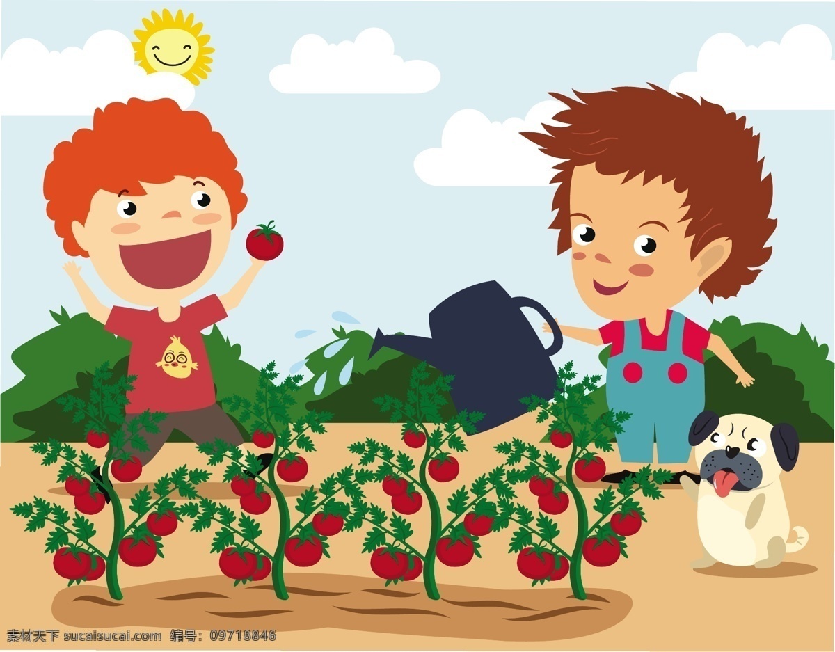 儿童 西红柿 矢量 蔬菜 小孩 种植 矢量素材